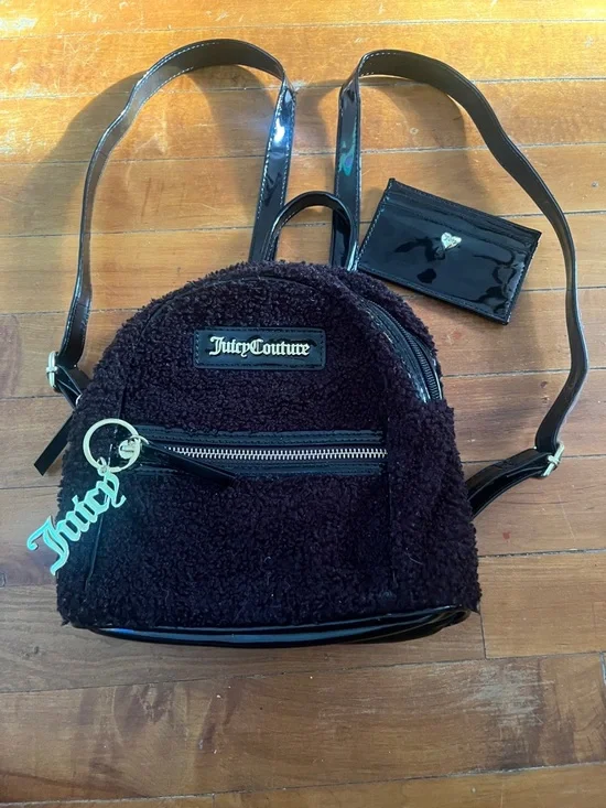 Juicy Couture Black Sherpa Mini Backpack with Patent Accents - Picture 1 of 5